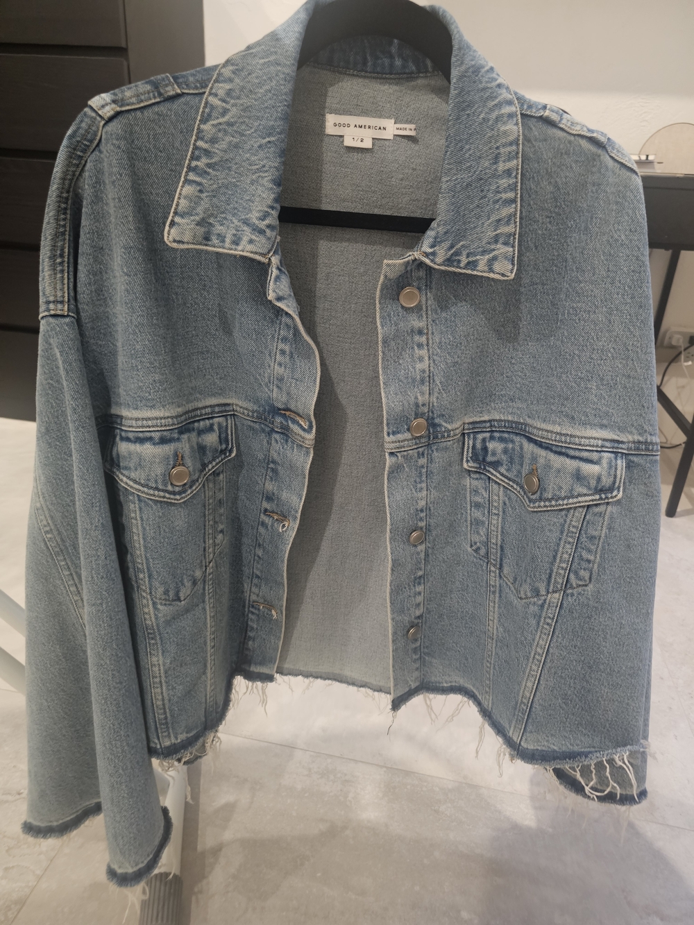 Good American Washed Blue Frayed Hem Denim Jacket